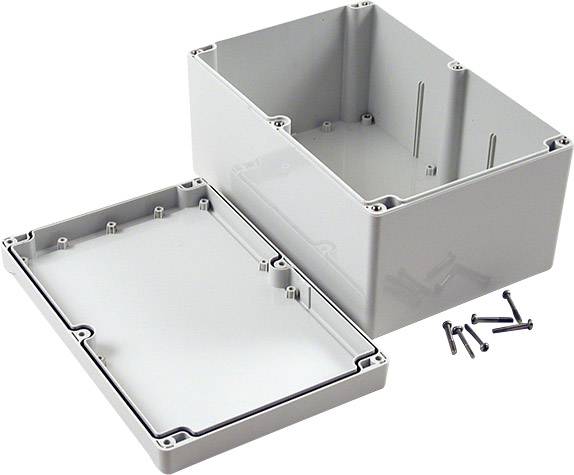Szürke műanyag dobozház, téglalap alakú, levehető fedéllel és oldalsó rögzítőcsavarokkal.