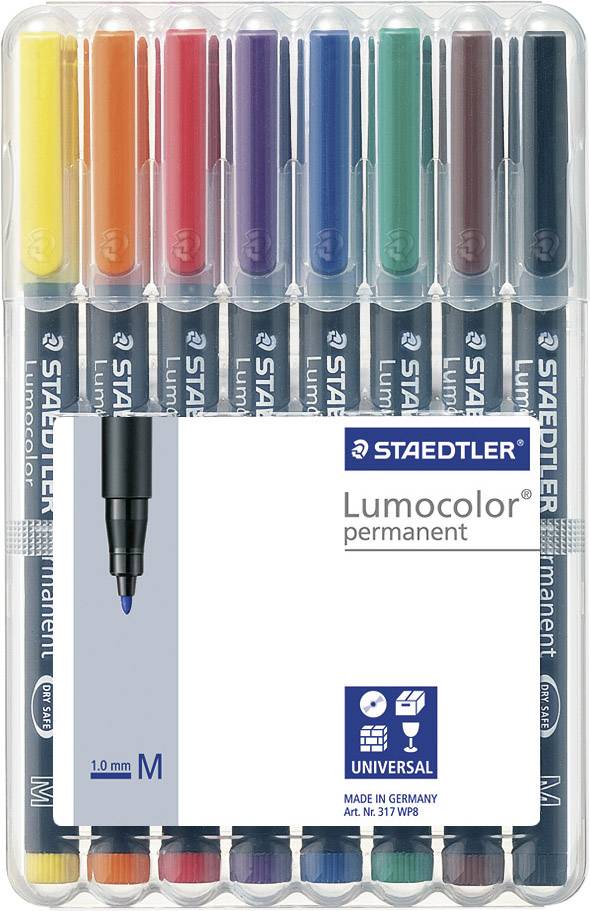 Egy Staedtler Lumocolor állandó filctoll készlet különböző színekben. Sokoldalú felhasználásra alkalmas, univerzális szimbólummal ellátva.