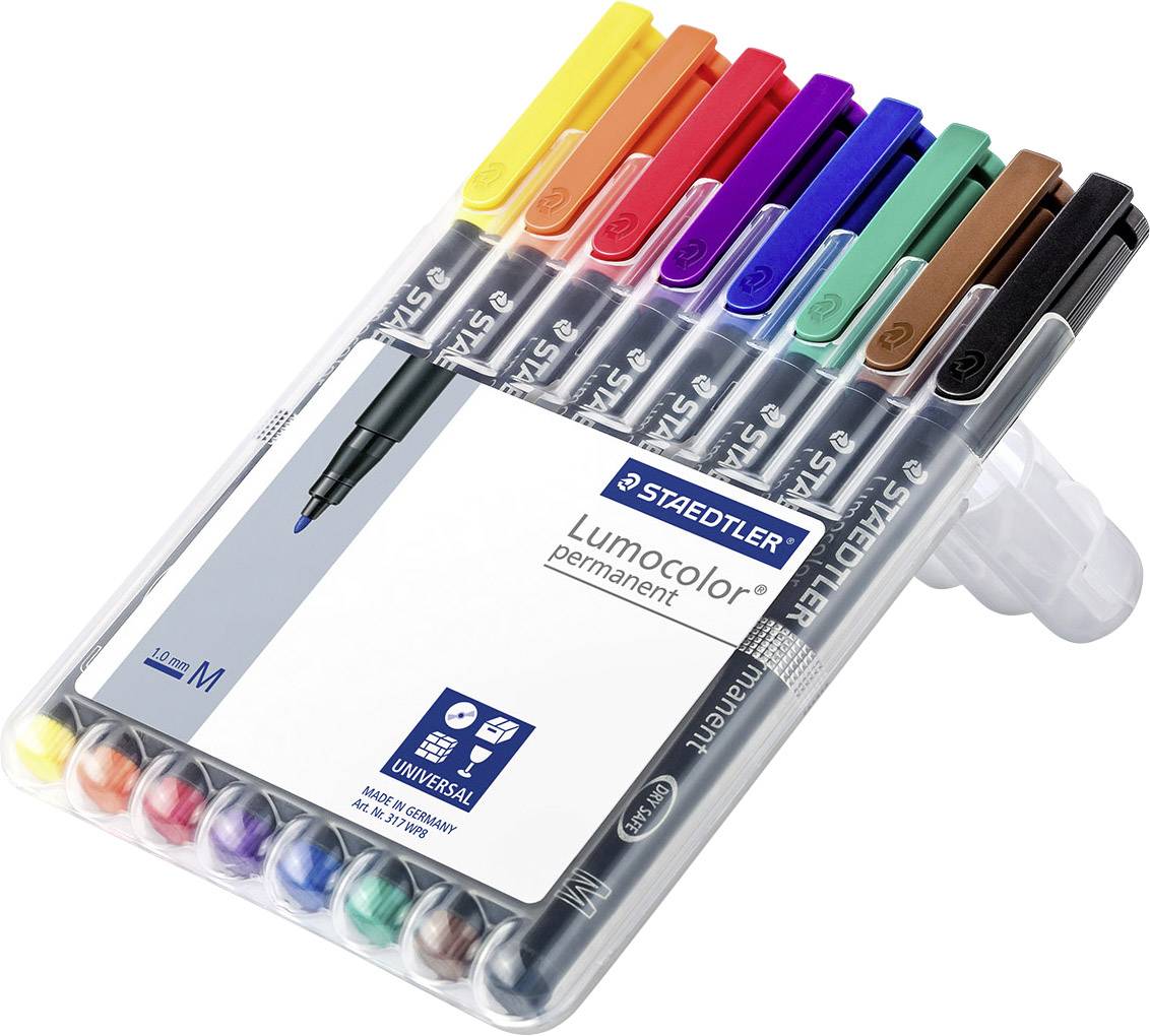 Egy tíz darabos Staedtler Lumocolor alkoholos filctoll készlet, különböző színekben, nyitott műanyag tokban bemutatva.