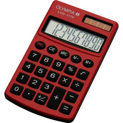 Piros zsebszámológép napelemmel és kijelzővel, amelyen a '1234567890' látható. A készülék rendelkezik numerikus gombokkal és alapvető funkciókkal.
