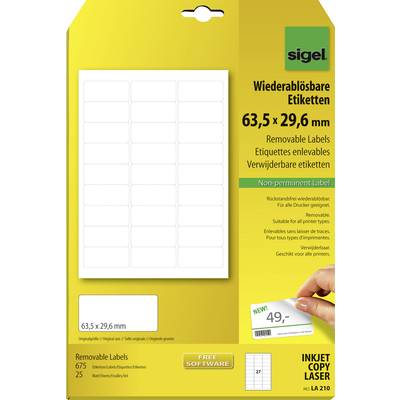 Sigel LA210 63.5 x 29.6 mm Papír Fehér 675 db Leoldható Univerzális etikett 25 lap DIN A4