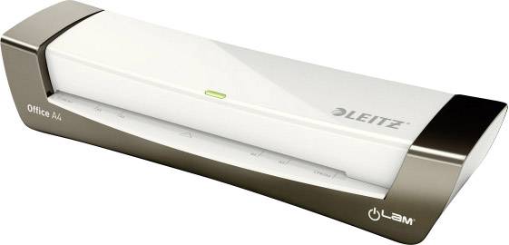 Elektronikus lamináló gép, Leitz, A4-es dokumentumokhoz. Fehér burkolat sötétbarna akcentusokkal, zöld üzemjelző lámpa.