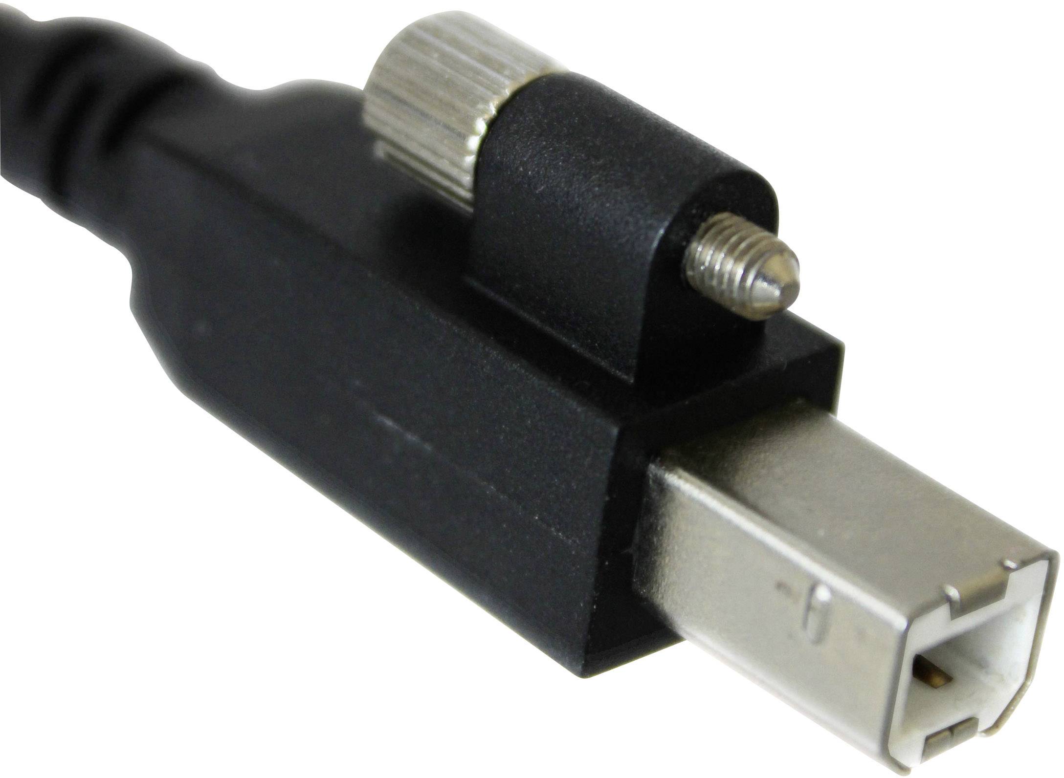 Egy fekete USB-kábel látható egy téglalap alakú fémcsatlakozóval és csavaros rögzítéssel.