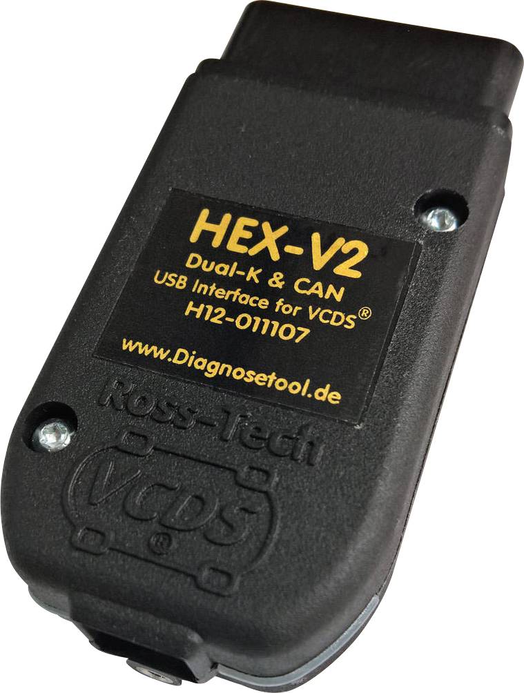 Fekete-szürke diagnosztikai eszköz sárga matricával, rajta a 'HEX-V2 Dual-K & CAN USB Interface for VCDS' felirat. Márka: 'Ross-Tech'.