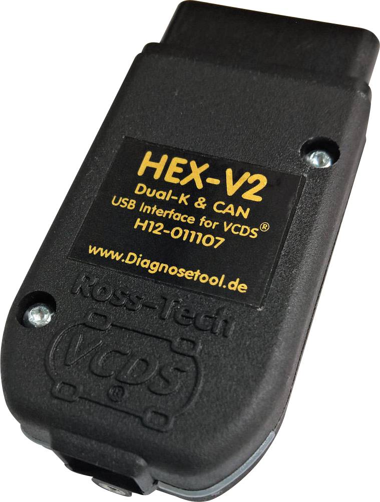 Egy fekete HEX-V2 USB-interfész VCDS-hez, sárga felirattal és a 'www.diagnosetool.de' weboldal képével rajta.