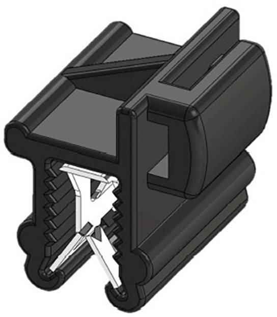 Fekete-fehér csatlakozó fogazott mechanizmussal, amely műszaki részleteket és csatlakozási struktúrát mutat.