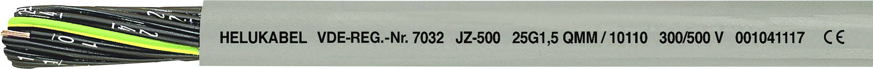 Egy szürke kábel, amelyen a következő felirat olvasható: 'HELUKABEL VDE-REG-NR 7028 UJ 0.6/1kV 300/500V 0040177' és CE-jelölés.