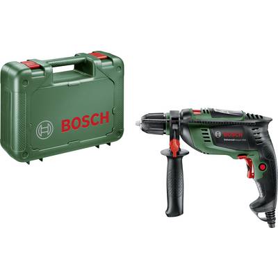 'Bosch' fúrógép zöld műanyag hordtáskában. A fúrógép rendelkezik kiegészítő fogantyúval és fordulatszám-szabályzóval.