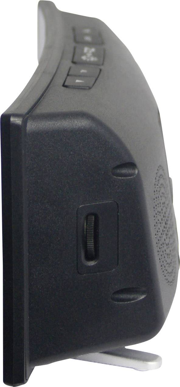 Egy fekete elektronikus eszköz oldalnézeti fotója, amelynek tetején három gomb és egy hangszóró látható. Az eszköz célja nem egyértelmű.