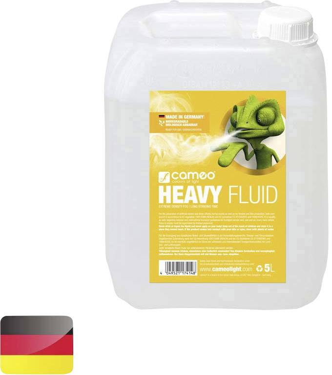 Egy 5 literes kannister Cameo márkájú ködfolyadékkal, 'HEAVY FLUID' felirattal, német nyelvű címkével. Németországban gyártva.