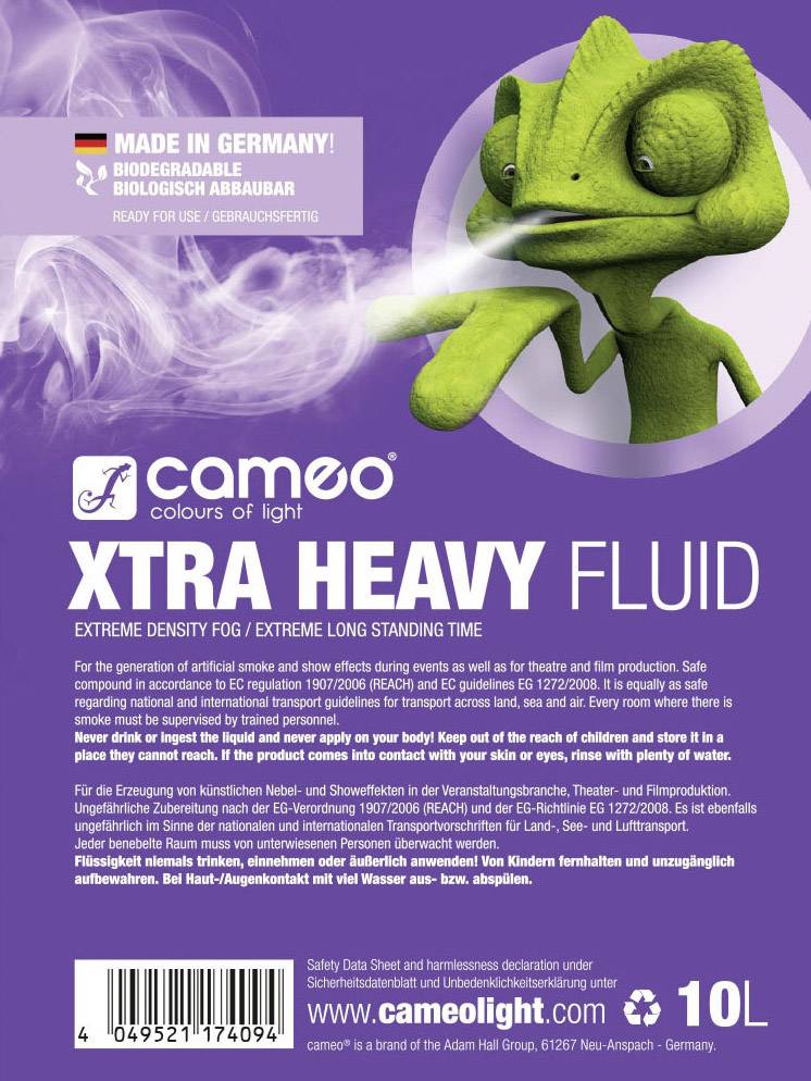 Egy 10 literes Cameo Xtra Heavy Fluid kannister, amelyen 'Biológiailag lebomló' és 'Made in Germany' felirat található. Ködgépekhez alkalmas.