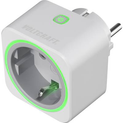 Egy fehér dugaszolóaljzat-adapter zöld fénykörrel és felül elhelyezkedő be-/kikapcsoló gombbal. Alkalmas energia-megtakarításra és távirányításra.