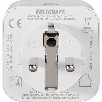 Egy 'Voltcraft' márkájú hálózati adapter hátulnézete műszaki specifikációkkal: 16A, 250V, SEM 6000 modell, CE-tanúsítvánnyal.