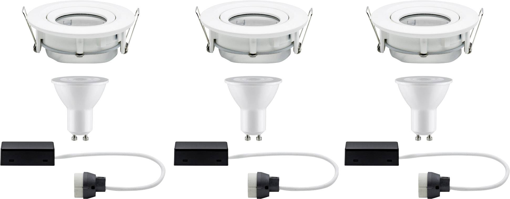 Három LED-spotlámpa szett süllyesztett lámpákkal, GU10 izzókkal és csatlakozó tartozékokkal. Mennyezeti szerelésre alkalmas világítási megoldás.
