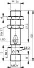 Műszaki rajz egy hengeres alkatrészről M12x1-es menettel, két LED-jelzővel és méretekkel milliméterben.