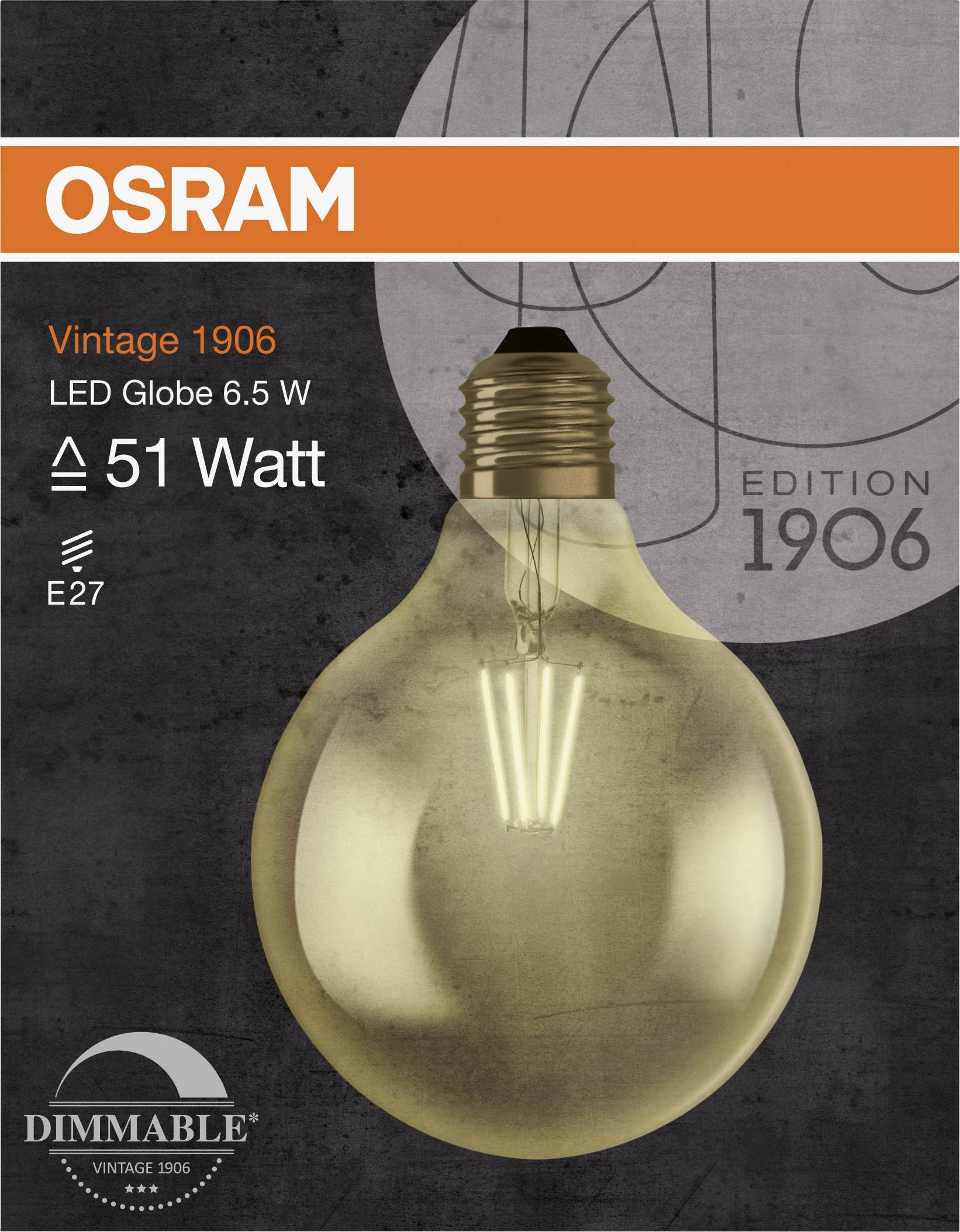 OSRAM villanykörte csomag, 1906-os kiadás, 6,5 W-os dimmelhető LED-izzó, E27-es foglalattal, 51 wattnak megfelelő teljesítménnyel.