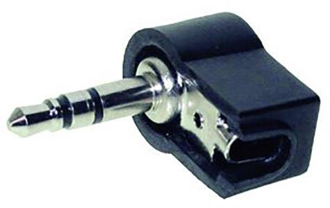 Sztereó jack-adapter, fekete, oldalnézet. Az adapter 3,5 mm-es csatlakozóval rendelkezik.