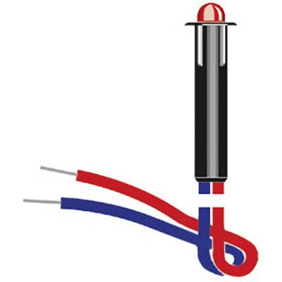 Egy elektromos alkatrész szimbolikus ábrázolása: egy piros LED két kiálló vezetékkel, piros és kék színben.