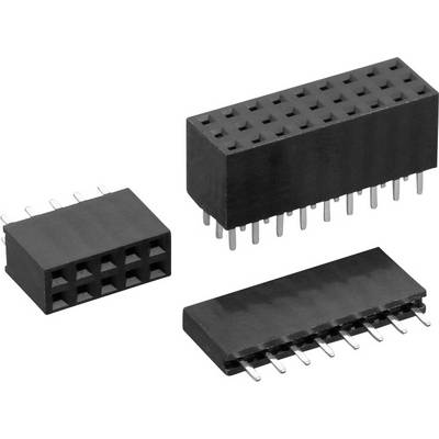 Három fekete, női csatlakozósáv fém érintkezőkkel, amelyek alkalmasak elektromos kapcsolatok létesítésére nyomtatott áramköri lapokon.
