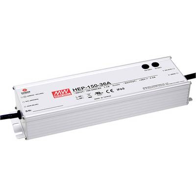 Egy ezüstszínű Mean Well MW márkajelzésű tápegység, HEP-150-36A típusszámmal. 100-240V bemenetre alkalmas, 4,2A kimeneti árammal. IP65 védettségi besorolású.