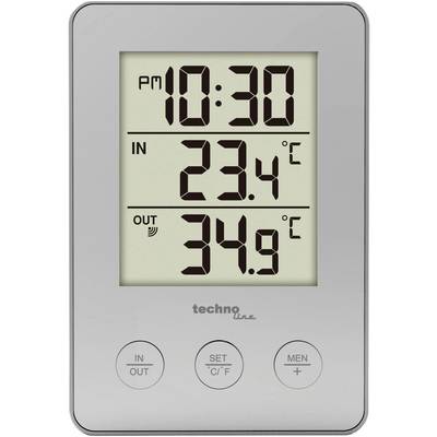 Digitális hőmérő óraidővel '10:30 PM', belső hőmérséklet '23,4°C' és külső hőmérséklet '34,9°C'. Gombok: 'BE/KI', 'BEÁLL °C/°F', 'MENÜ'.