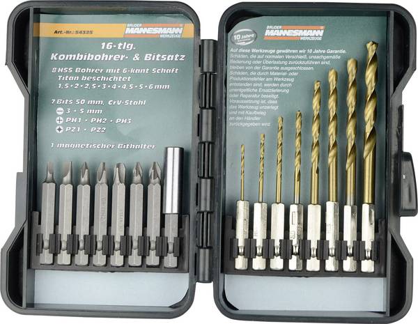 Brüder Mannesmann M54325  16 részes Fúró és bit készlet Fém 1.5 mm, 2 mm, 2.5 mm, 3 mm, 4 mm, 4.5 mm, 5 mm, 6 mm