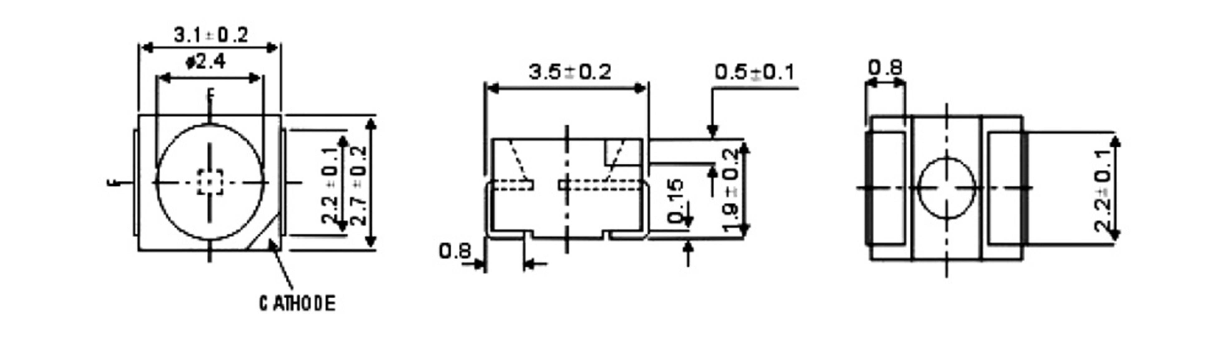 Elektronikai alkatrész műszaki rajza méretekkel: szélesség 3,2 mm, magasság 2,2 mm; anódkivezetés jelölve.