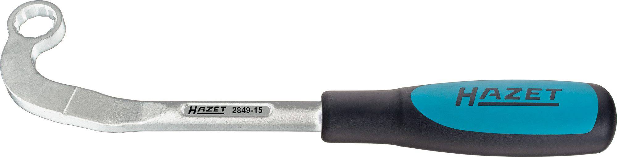Könnyenkezelhető HAZET-kulcs ergonomikus fogantyúval, amely alkalmas csavarok pontos meghúzására vagy meglazítására szűk terekben.