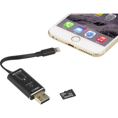 Apple Lightning kártyaolvasó, fekete, 256 GB, USB 3.1, Apple Lightning, Mikro SD, Renkforce RF-LSS-256