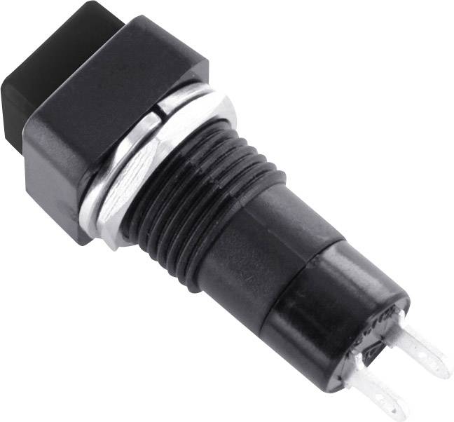 Fekete nyomógomb két fémcsappal. Elektronikai alkalmazásokhoz alkalmas.