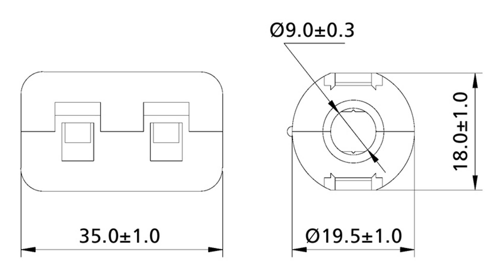 Műszaki rajz egy alkatrészről méretekkel: Hosszúság 35,0±1,0 mm, Szélesség 18,0±1,0 mm; kerek elemek 9,0±0,3 mm és 19,5±1,0 mm átmérővel.