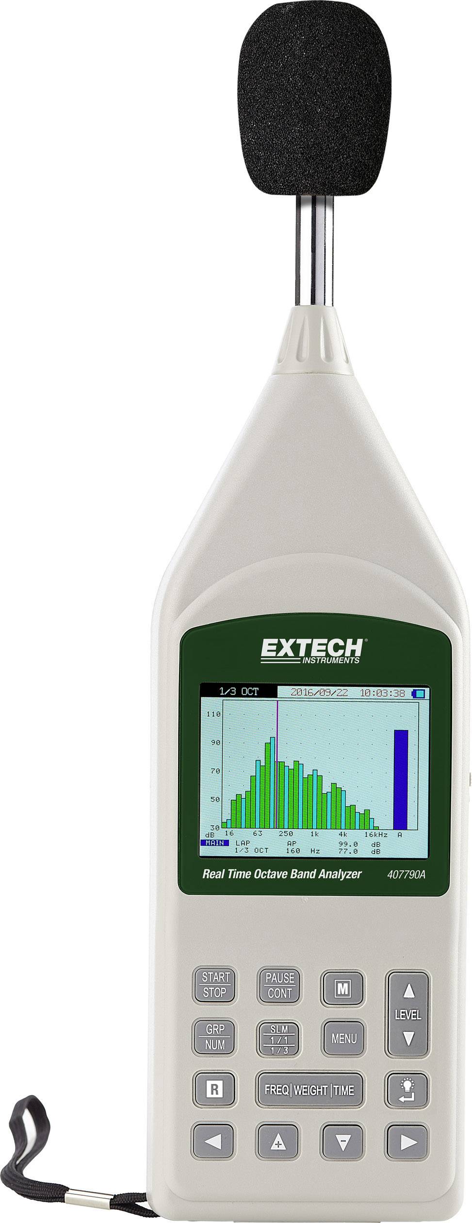 Hangszintmérő kijelzővel, amely sávdiagramon mutatja a zajszintet. Főbb gombok lent láthatóak. Gyártó: Extech.