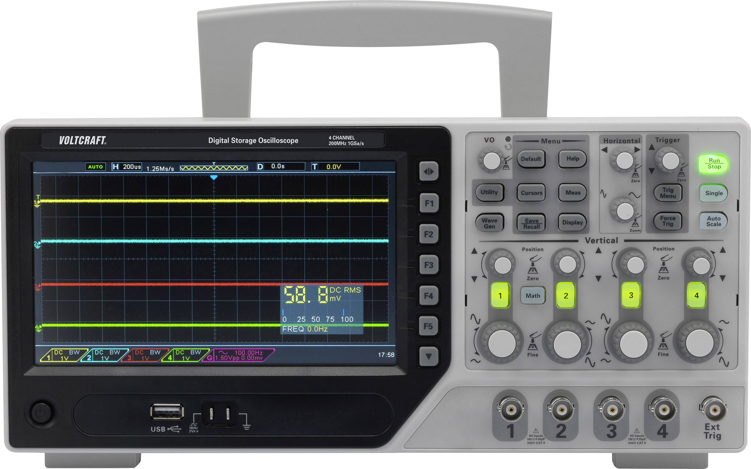 VOLTCRAFT DSO-1204E Digitális oszcilloszkóp 200 MHz 4 csatornás 1 GSa/mp 64 kpts 8 bit Digitális memória (DSO) 1 db