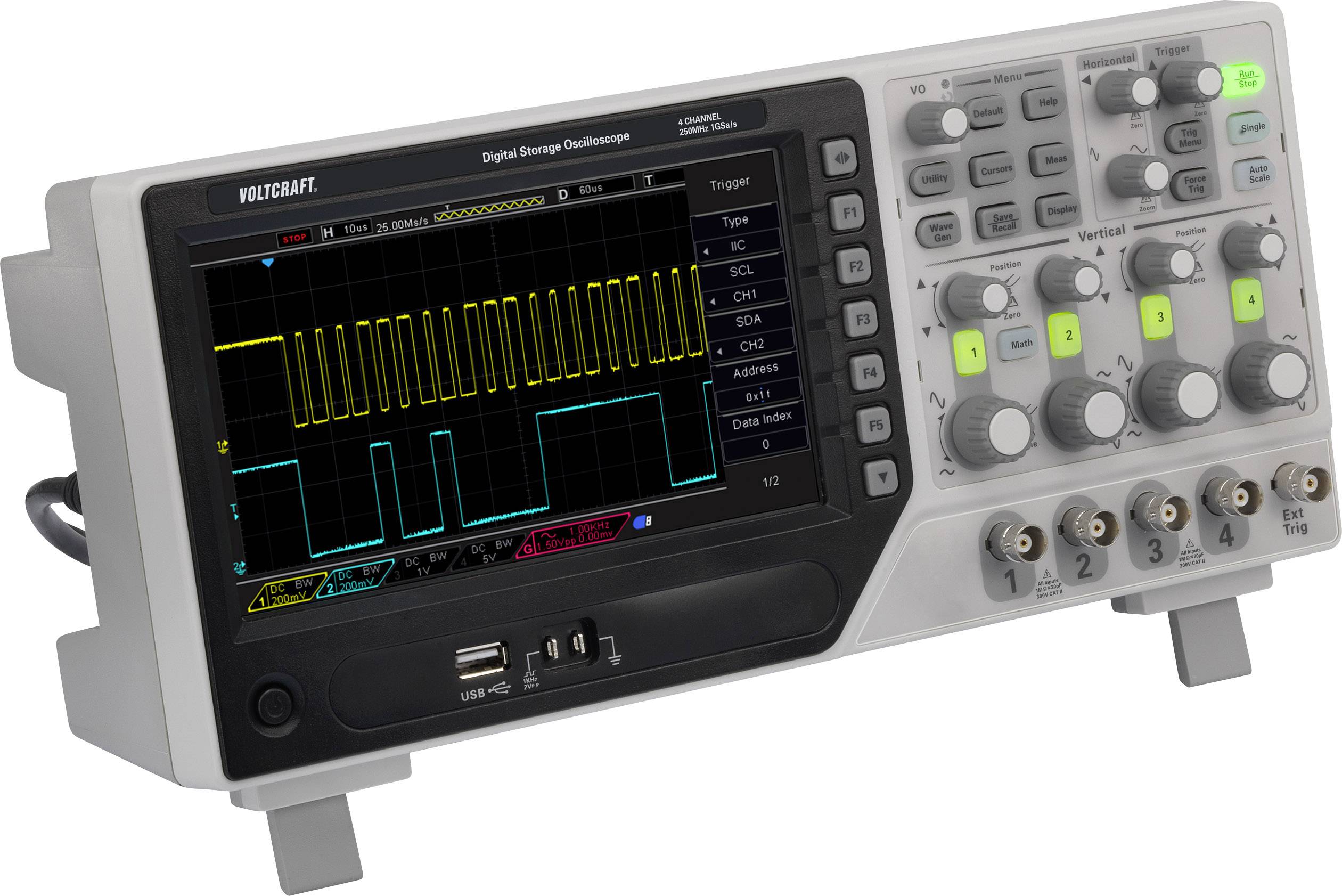 VOLTCRAFT DSO-1254E Digitális oszcilloszkóp 250 MHz 4 csatornás 1 GSa/mp 64 kpts 8 bit Digitális memória (DSO) 1 db-5
