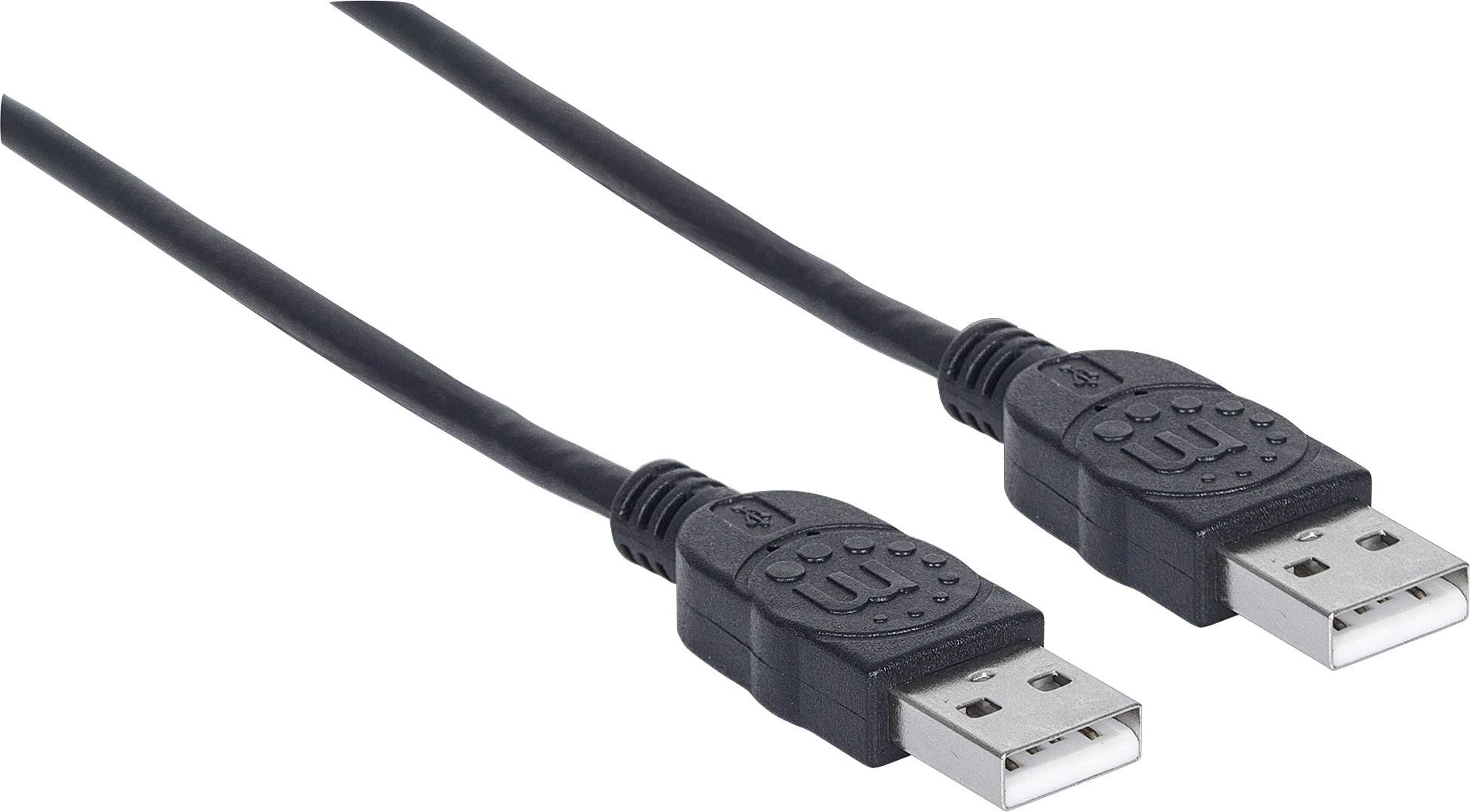 Két fekete USB-kábel USB-A csatlakozókkal. Párhuzamosan egymás mellett helyezkednek el, és jobbra mutatnak.