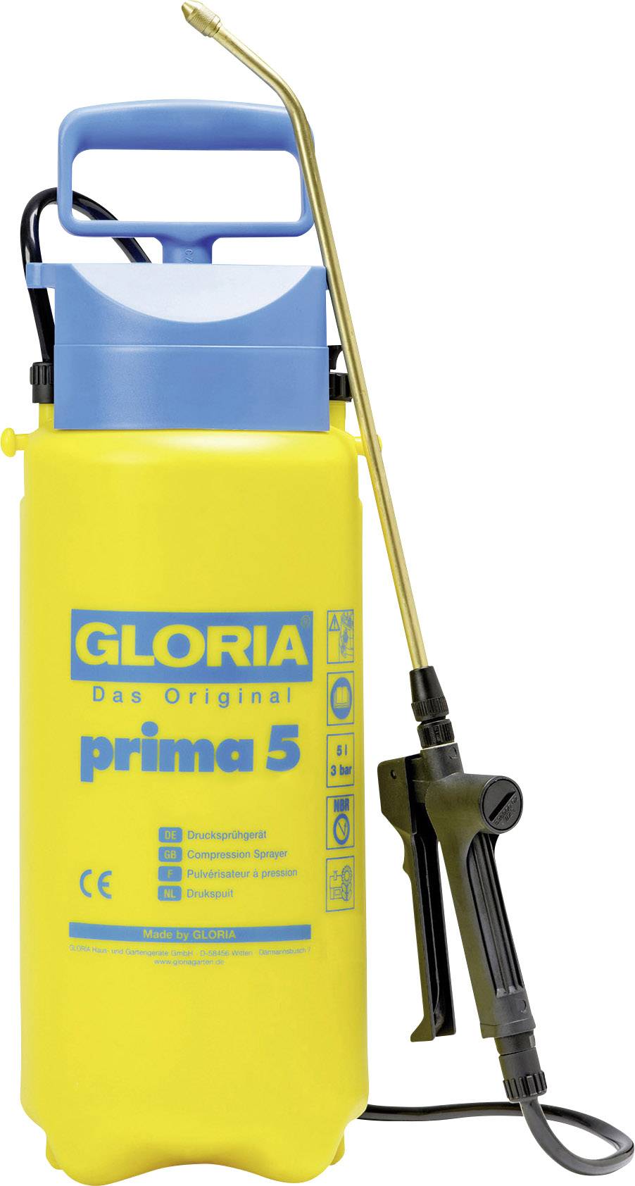 Sárga festékszóró kék fogóval és hosszú szórófejjel. Felirat: 'GLORIA Az eredeti prima 5'.