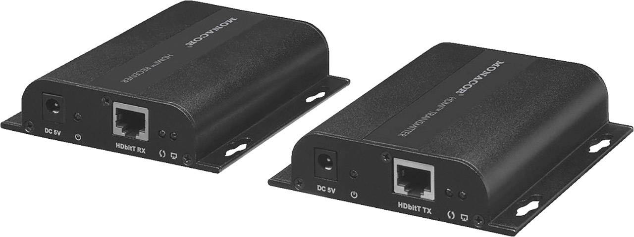 Két fekete HDMI-továbbító eszköz egymás mellett. Balra: 'DC 5V', Ethernet- és HDMI-csatlakozók. Jobbra hasonló csatlakozók.