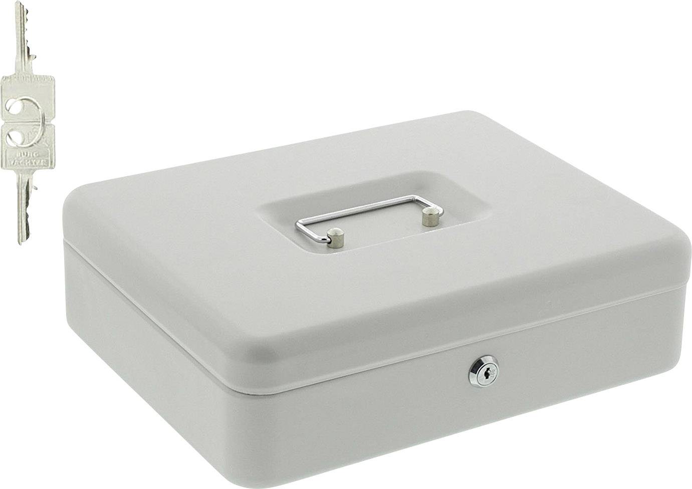Fémes pénzkazetta fogantyúval és zárral, mellette egy kulcs. Készpénz vagy értéktárgyak tárolására szolgál.