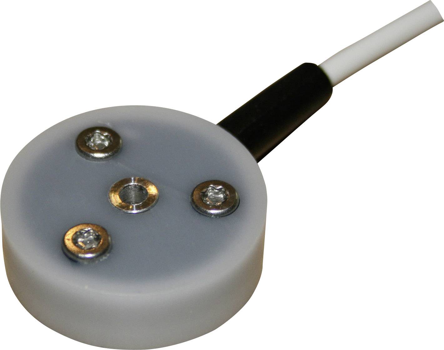 Kerek érzékelő három látható csavarral és egy kábellel a felső szélén, valószínűleg hőmérséklet- vagy páratartalom-mérésre.