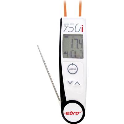 Digitális kijelzős hőmérő, 17,4°C-ot mutat. 'HOLD' gomb, nyílgombok és az 'ebro' márkajelzés látható.