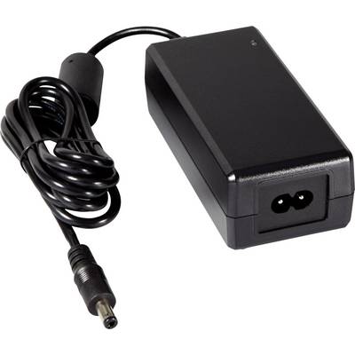 Egy fekete tápegység tekert kábellel és kerek DC-csatlakozóval, amelyet elektronikus eszközök áramellátásához használnak.