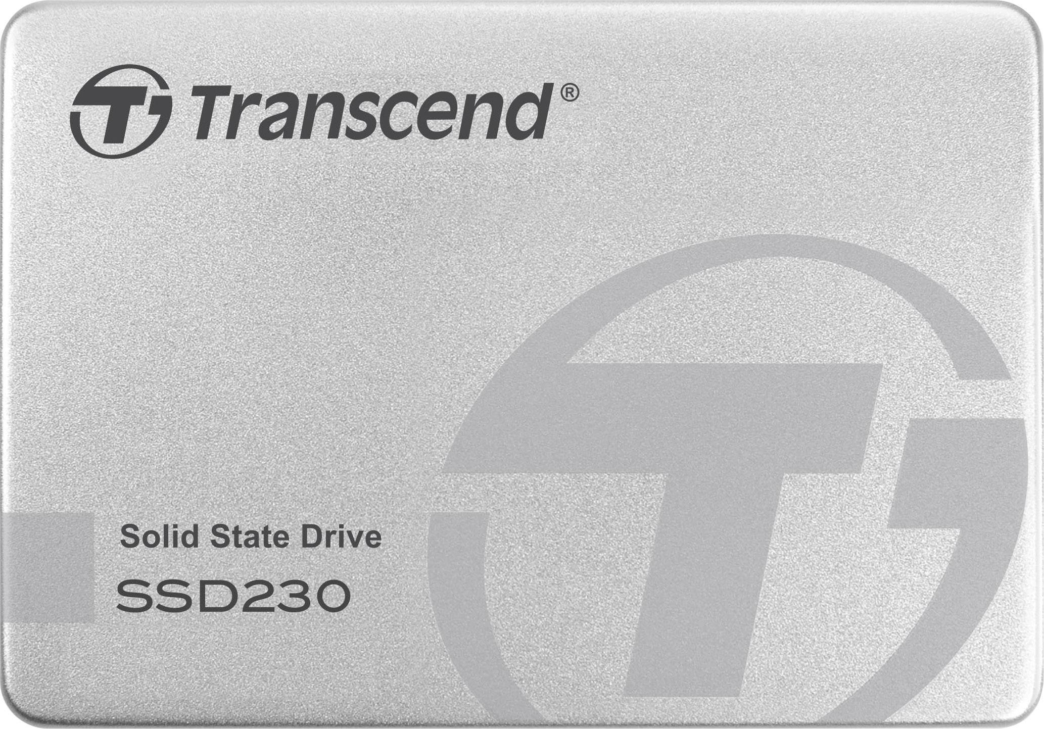 Egy ezüstszínű Transcend SSD, amelyen a 'Solid State Drive SSD230' felirat és a logó bal felső sarokban látható.