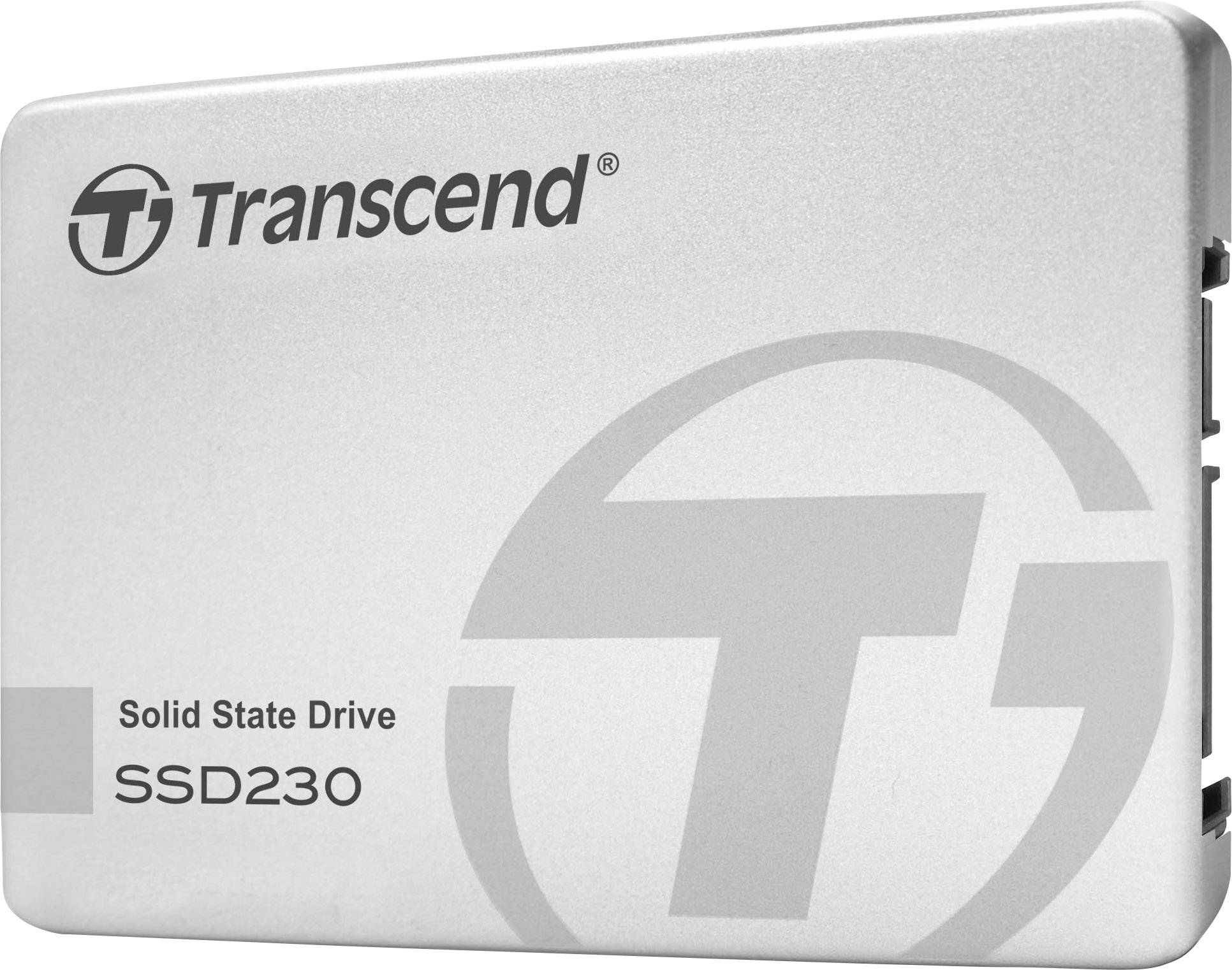 Transcend márka SSD230 típusú, ezüst házú, gyártói logóval ellátott szilárdtest-meghajtó.