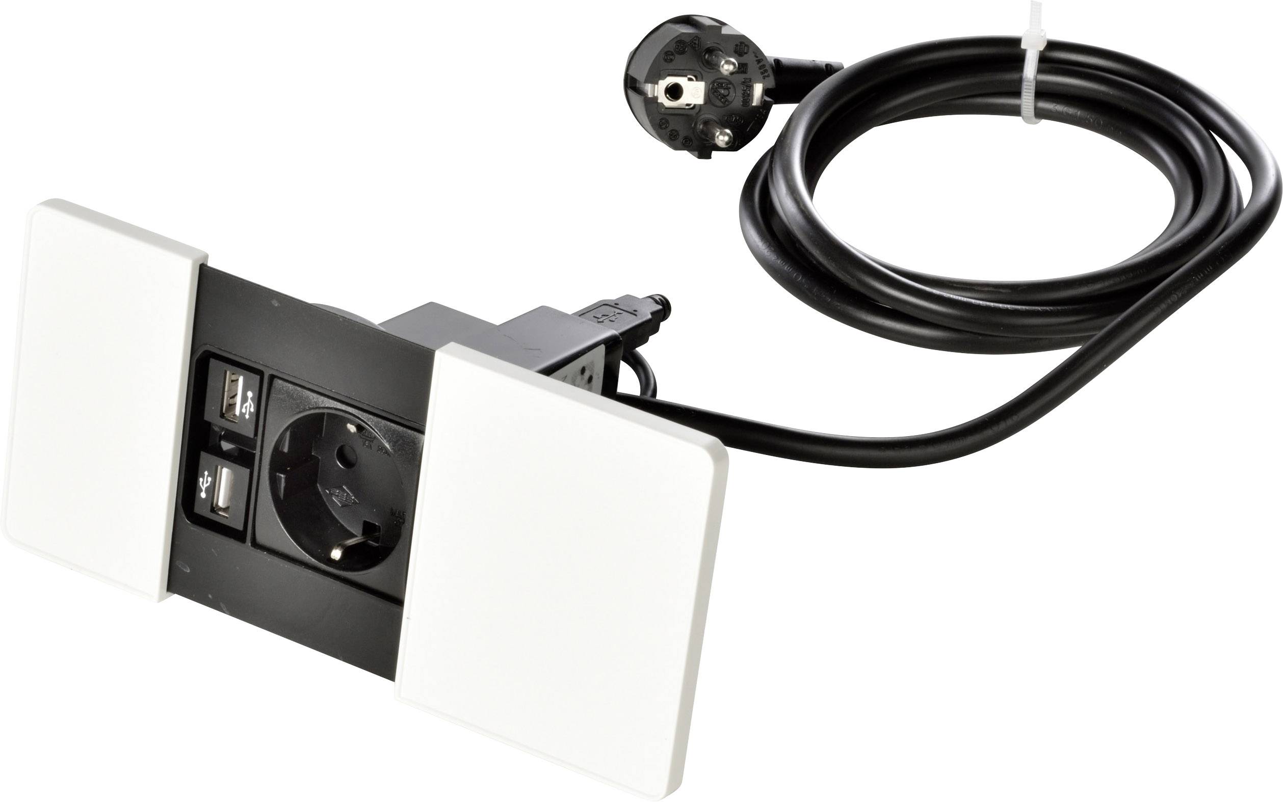 Fekete elosztó fekete kábellel, egy hálózati csatlakozóval és két USB-porttal, fehér házba szerelve.