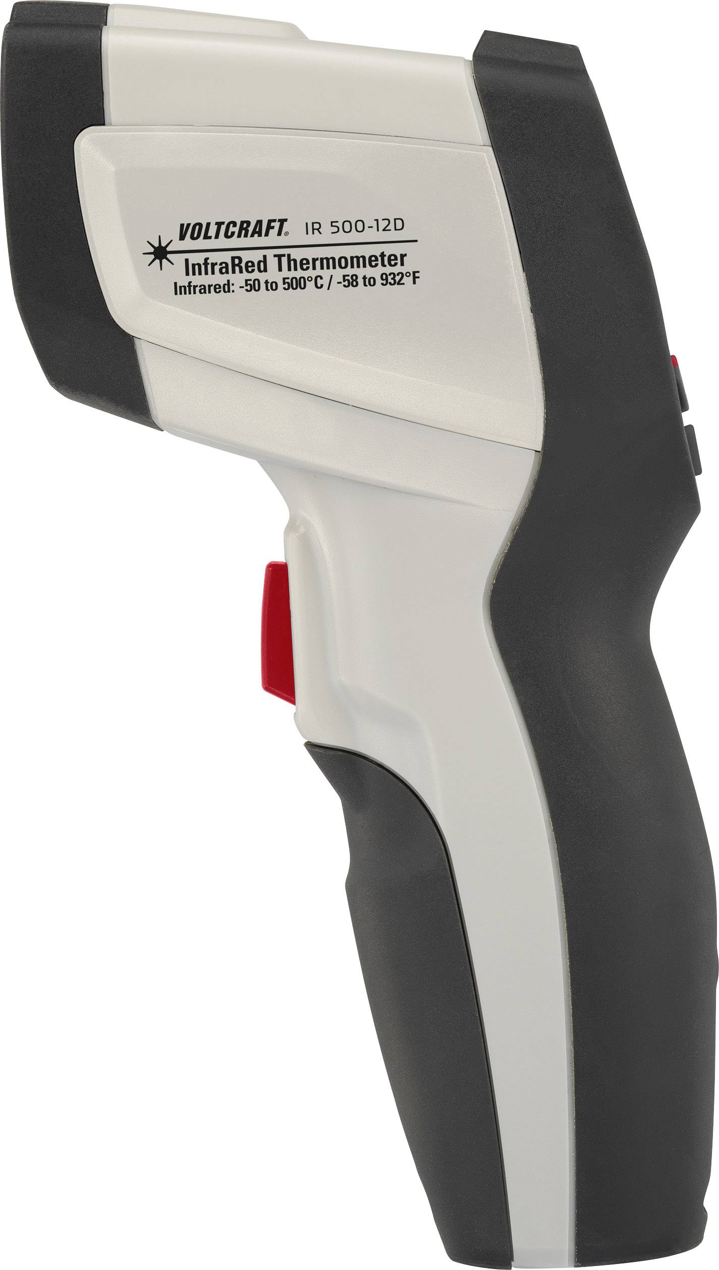 Infrared hőmérő oldalnézetben, "Voltcraft" felirattal. Hőmérsékletmérési tartomány: -50-től 500 Celsius-fokig.
