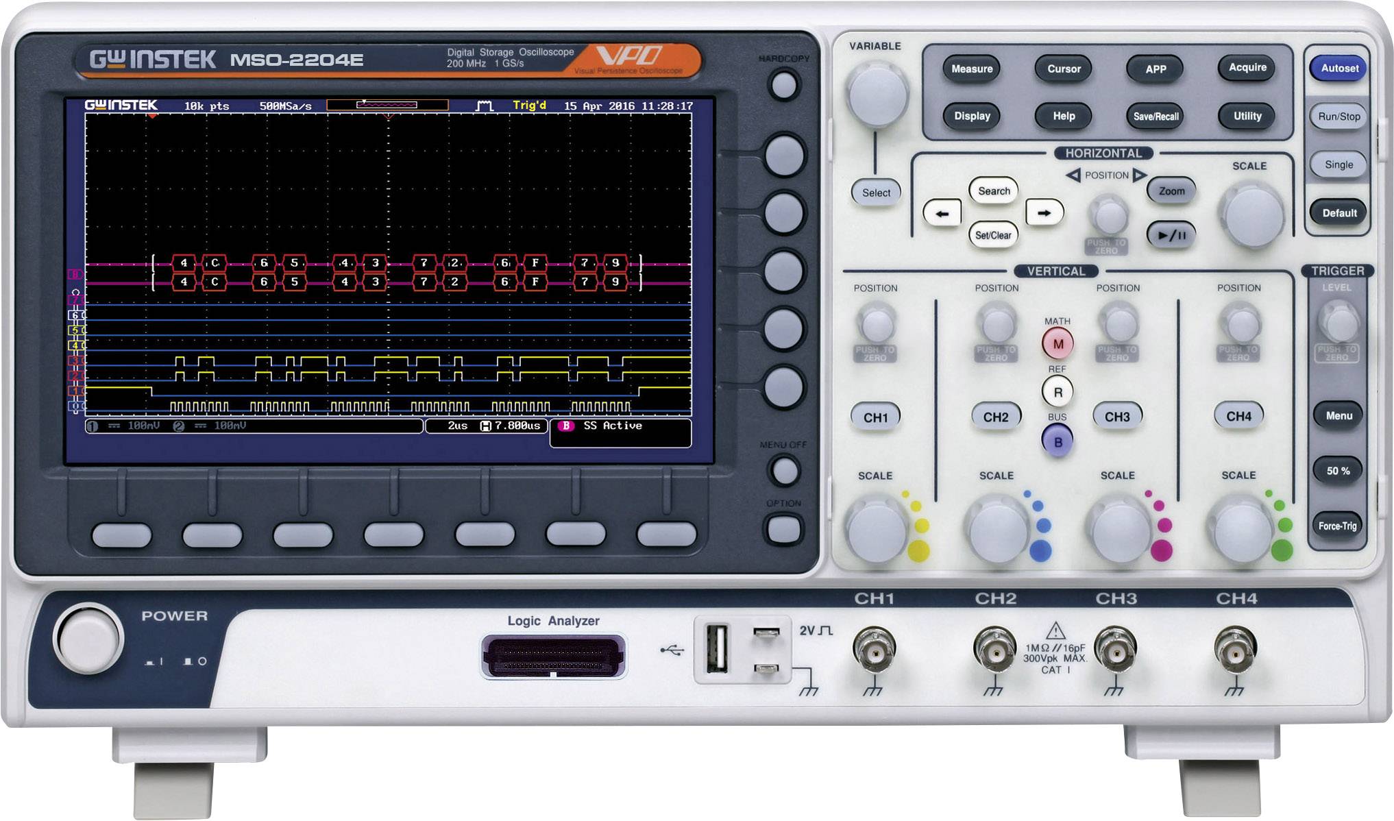 GW Instek MSO-2204E Digitális oszcilloszkóp 200 MHz 20 csatornás 1 GSa/mp 10 Mpts 8 bit Digitális memória (DSO), Kevert jel (MSO), Logikai analizátor 1 db
