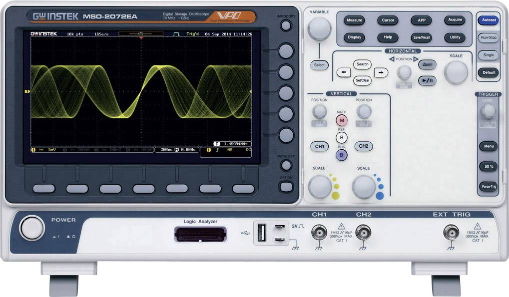 GW Instek MSO-2202EA Digitális oszcilloszkóp Kalibráció (ISO) 200 MHz 1 GSa/mp 10 Mpts 8 bit Digitális memória (DSO), Kevert jel (MSO), Logikai analizátor,