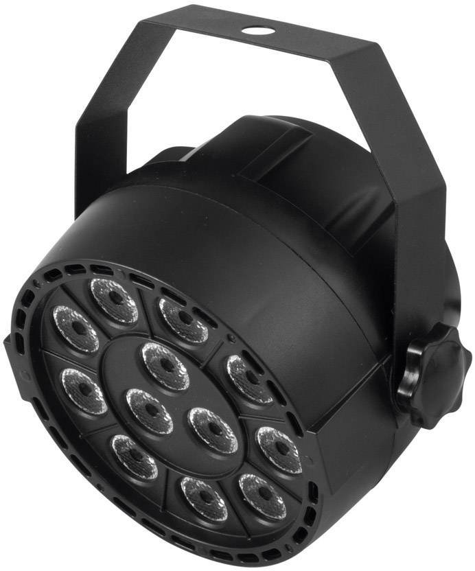 Fekete LED-es színpadi reflektor, kilenc lencséből álló kerek elrendezésben, tartókonzolra szerelhető. Alkalmas színpadi világításhoz.