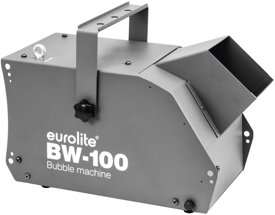 Egy szürke szappanbuborék-gép az oldalán az "eurolite BW-100 Bubble machine" felirattal, tetején fogantyúval.