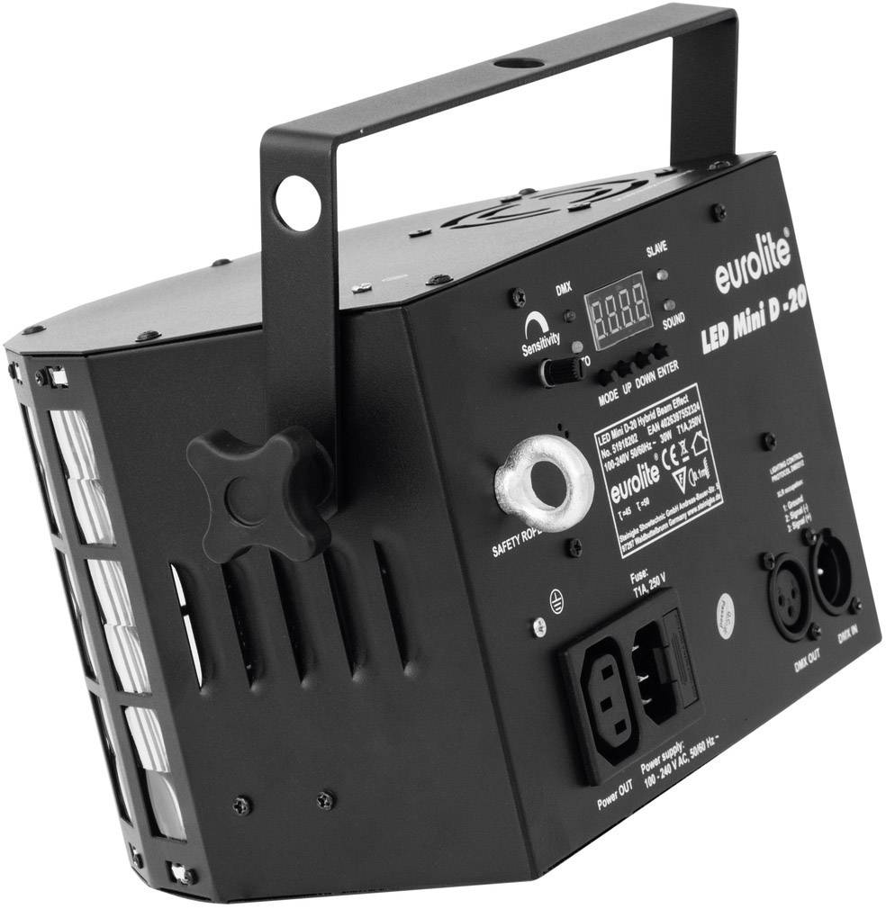 Egy fekete "Eurolite LED Mini D-20" reflektor kijelzővel, csatlakozóaljzatokkal és szerelősínnel, alkalmas színpadi világításhoz.